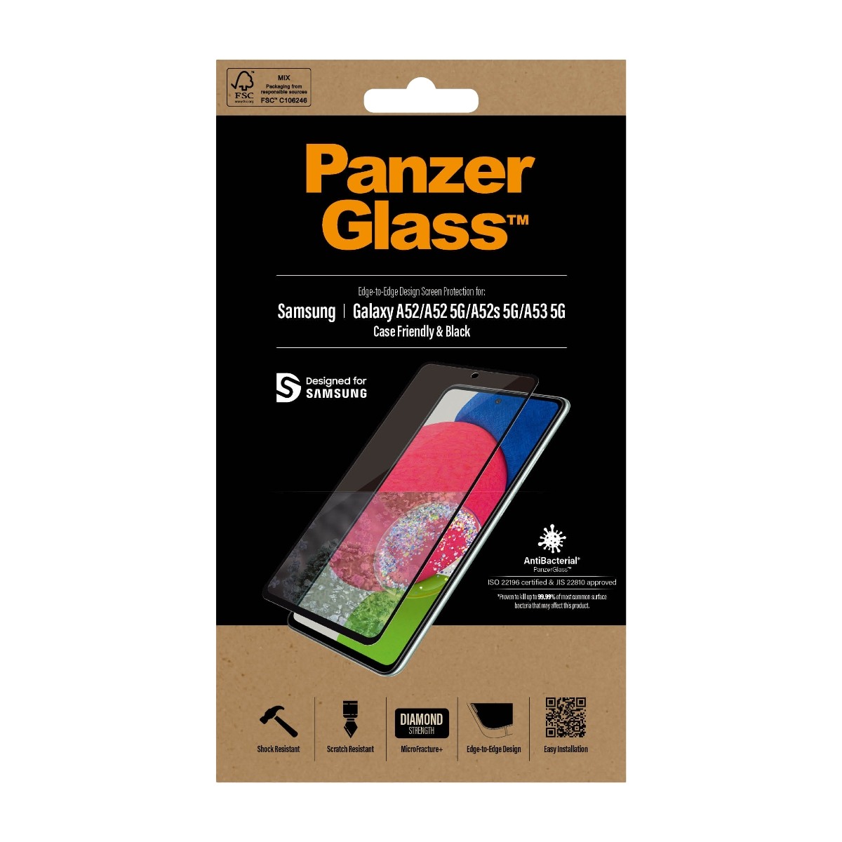 PanzerGlass Samsung Galaxy A53/A52/A52S 5G skærmbeskytter Antibakteriel, sort billede 1