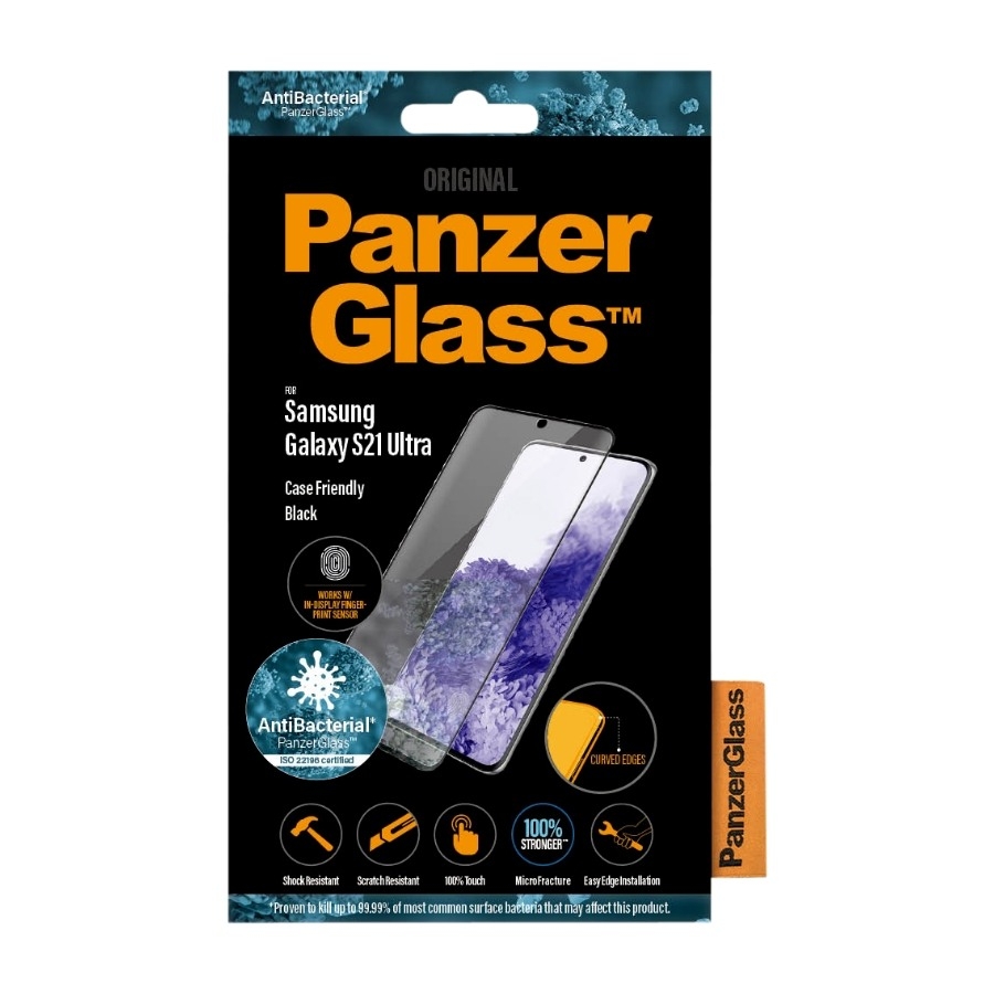 PANZERGLASS SAMSUNG GALAXY S21 ULTRA ANTIBAKTERIEL SKÆRMBESKYTTER, SORT billede 1