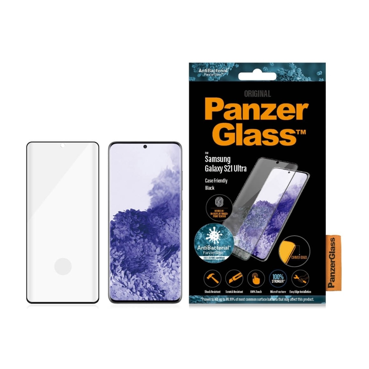 PANZERGLASS SAMSUNG GALAXY S21 ULTRA ANTIBAKTERIEL SKÆRMBESKYTTER, SORT billede 2
