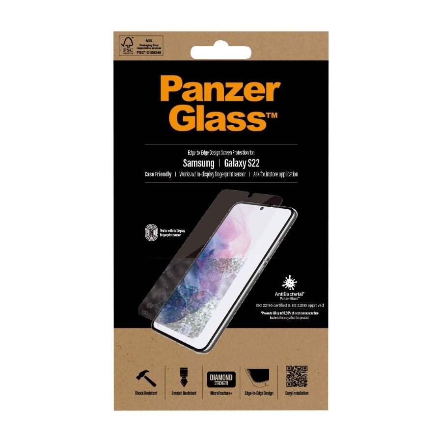 PanzerGlass Samsung Galaxy S22 skærmbeskytter Case Friendly, sort antibakteriel billede 1