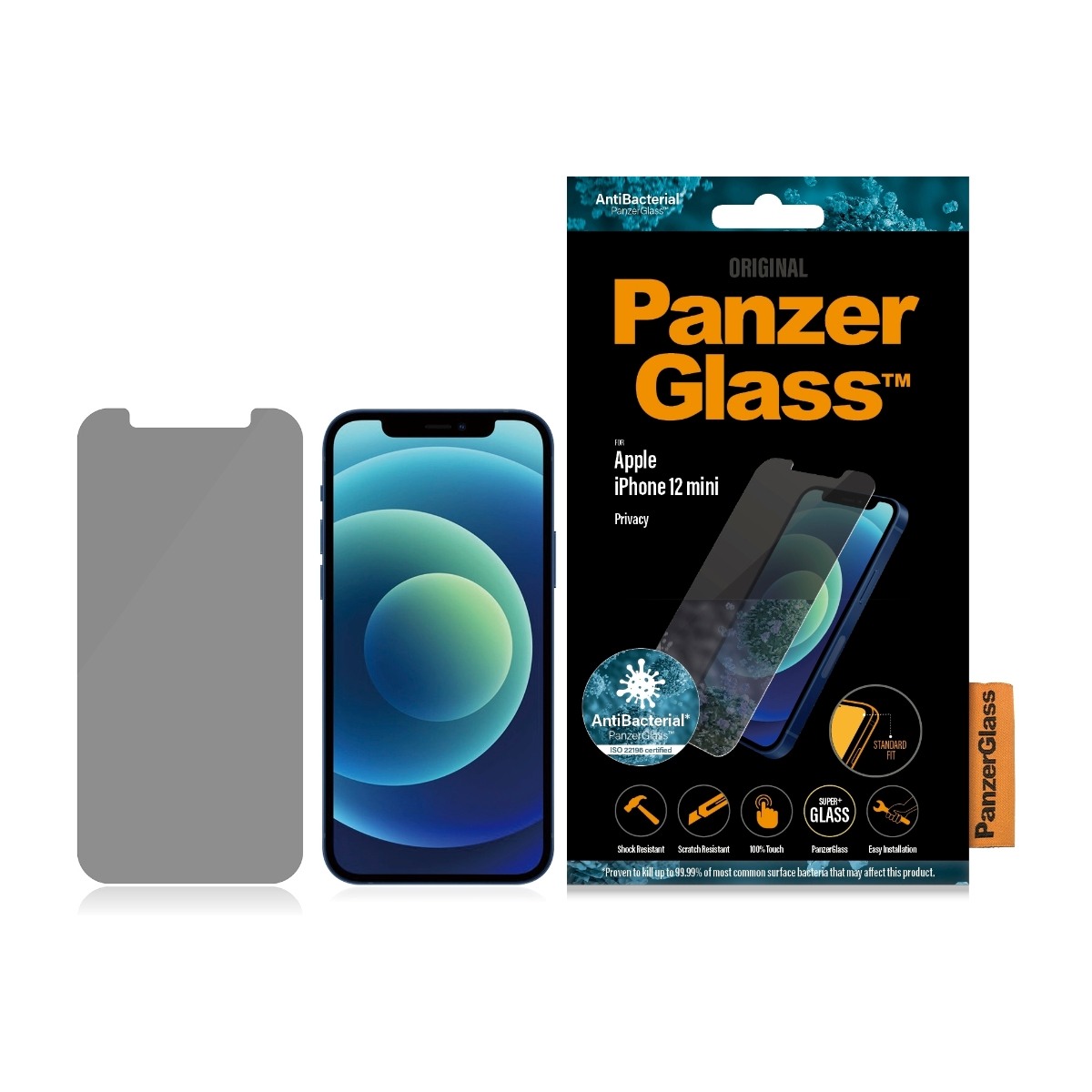 PanzerGlass iPhone 12 Mini Antibakteriel Privacy skærmbeskytter, sort billede 2