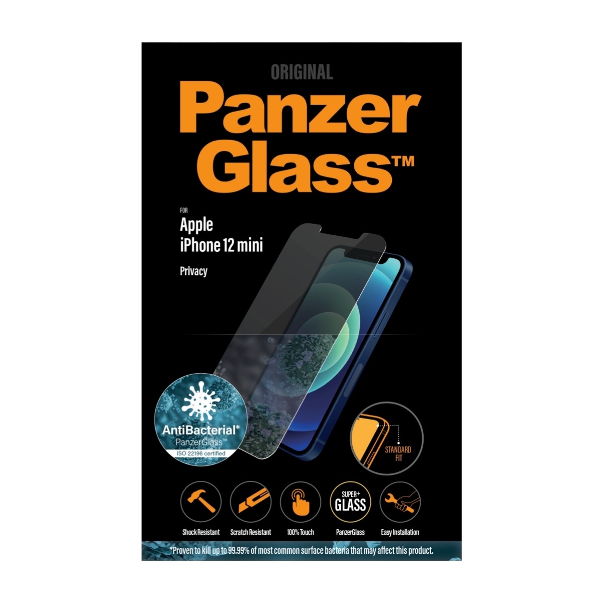 PanzerGlass iPhone 12 Mini Antibakteriel Privacy skærmbeskytter, sort billede 1