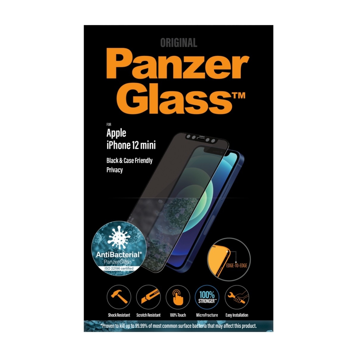 PANZERGLASS SKÆRMBESKYTTER IPHONE 12 MINI CASE FRIENDLY PRIVACY SORT ANTIBAKTERIEL billede 1