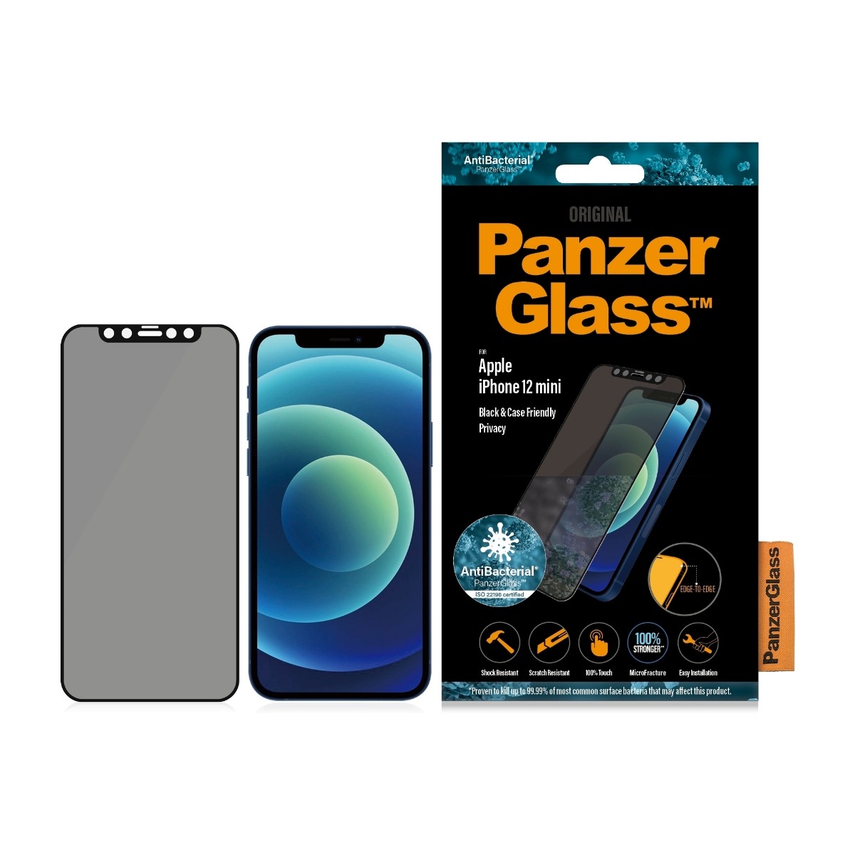 PANZERGLASS SKÆRMBESKYTTER IPHONE 12 MINI CASE FRIENDLY PRIVACY SORT ANTIBAKTERIEL billede 2