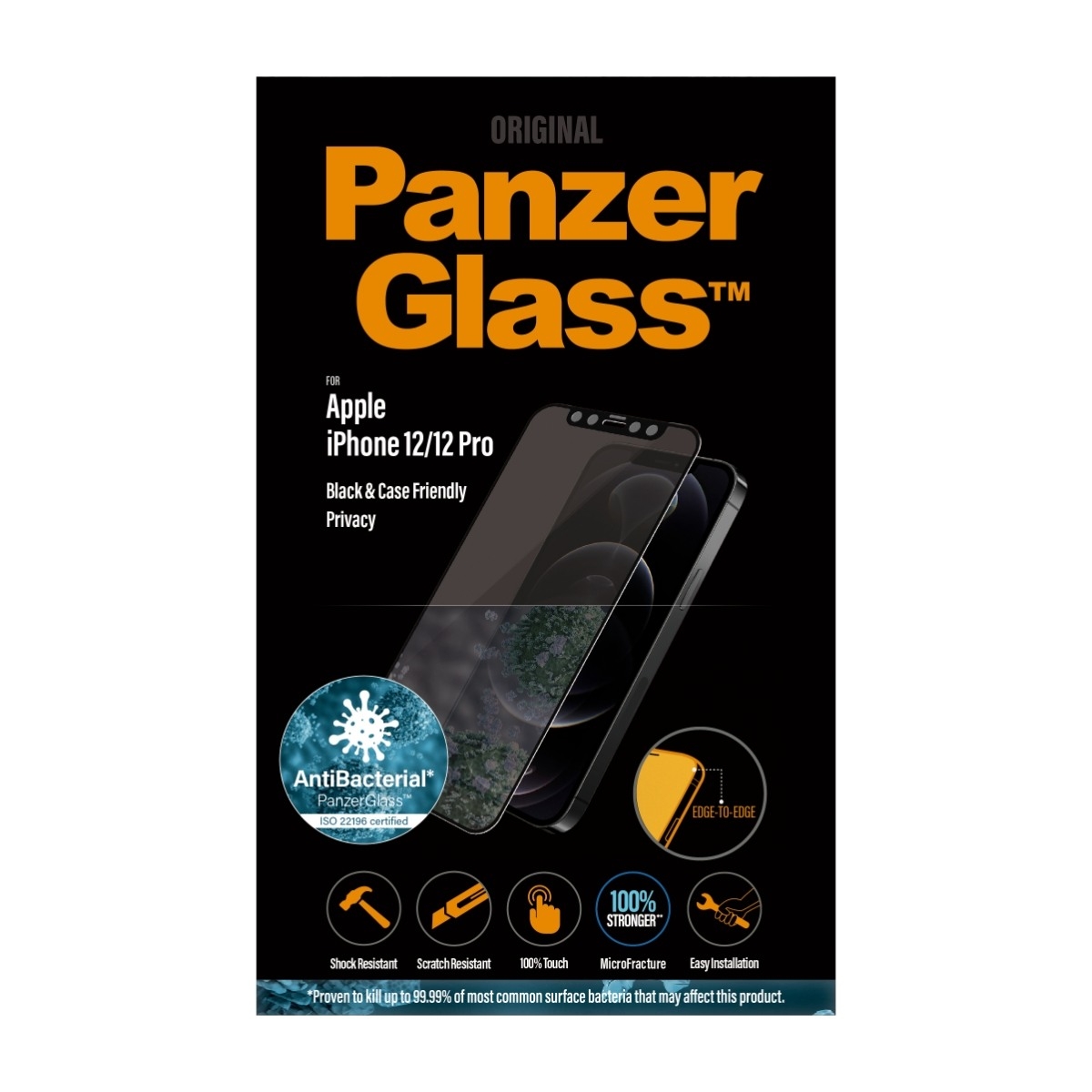 PanzerGlass iPhone 12/12 Pro Case Friendly Antibakteriel Privacy skærmbeskytter, sort billede 1