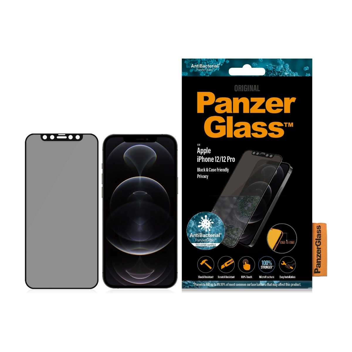PanzerGlass iPhone 12/12 Pro Case Friendly Antibakteriel Privacy skærmbeskytter, sort billede 2