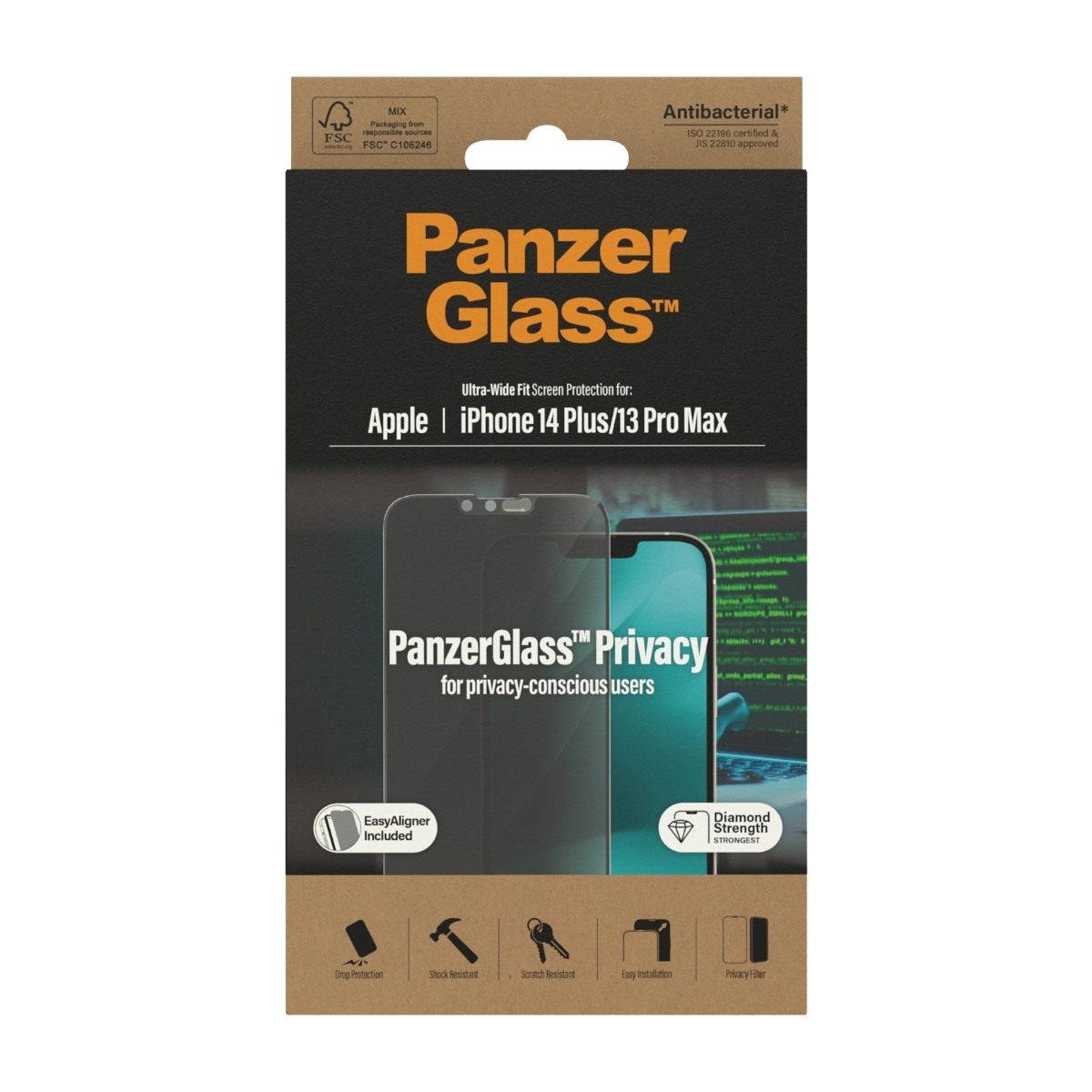 PanzerGlass Max iPhone 14 Plus/13 Pro Antibakteriel Privacy skærmbeskytter billede 1