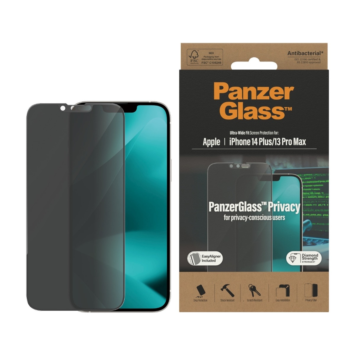 PanzerGlass Max iPhone 14 Plus/13 Pro Antibakteriel Privacy skærmbeskytter billede 4