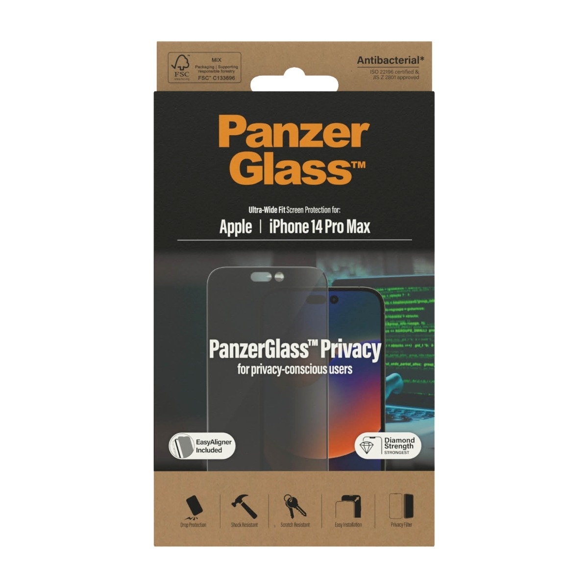 PanzerGlass iPhone 14 Pro Max Antibakteriel Privacy skærmbeskytter billede 1
