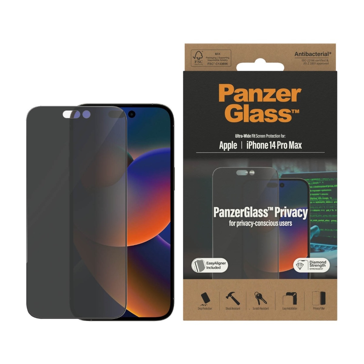 PanzerGlass iPhone 14 Pro Max Antibakteriel Privacy skærmbeskytter billede 4