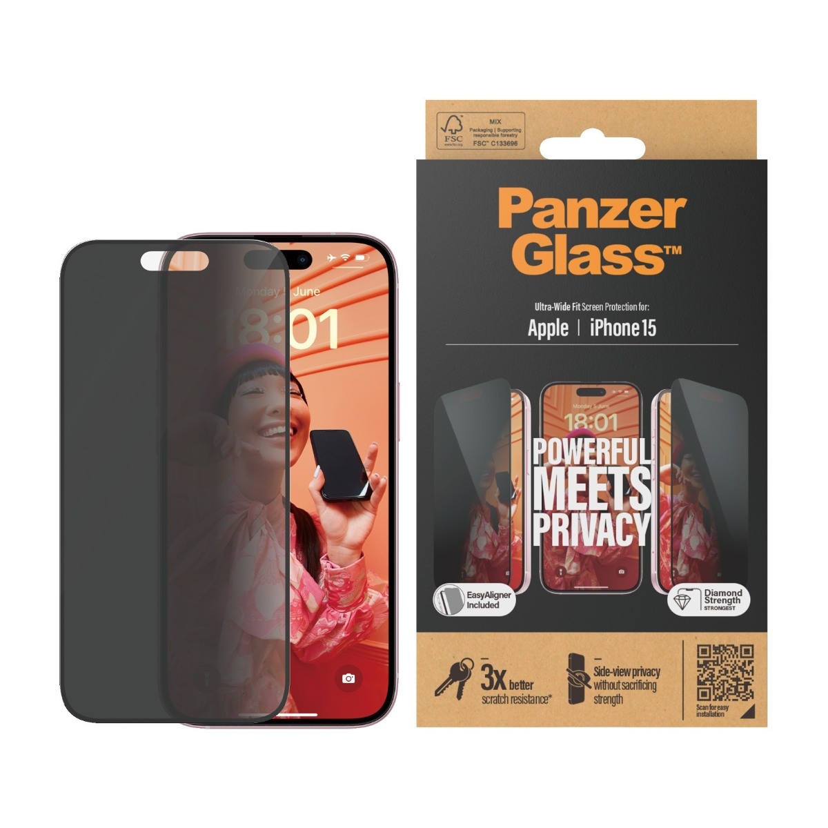 PanzerGlass iPhone 15 skærmbeskytter Ultra-Wide Fit Privacy med applikator billede 2