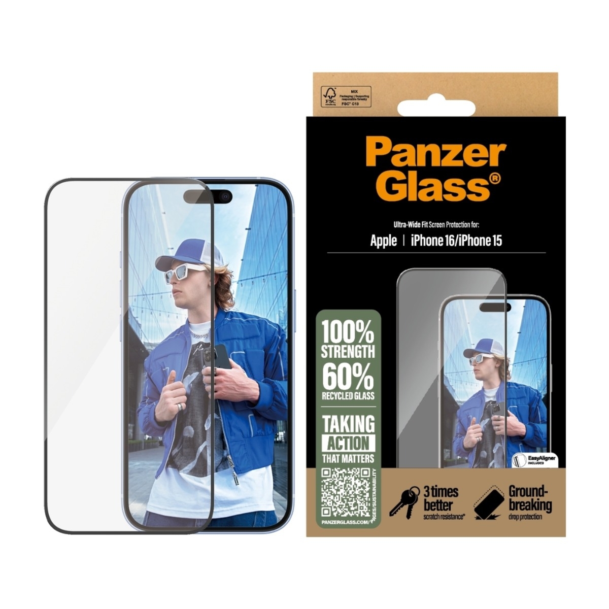 PanzerGlass iPhone 16/15 skærmbeskytter Ultra-Wide Fit med applikator billede 2