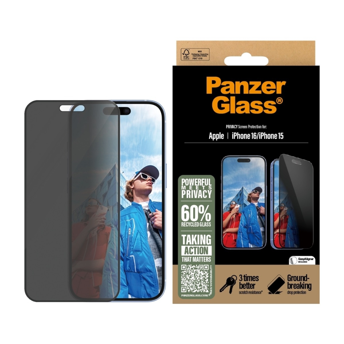 PanzerGlass iPhone 16/15 skærmbeskytter Ultra-Wide Fit Privacy med applikator billede 2