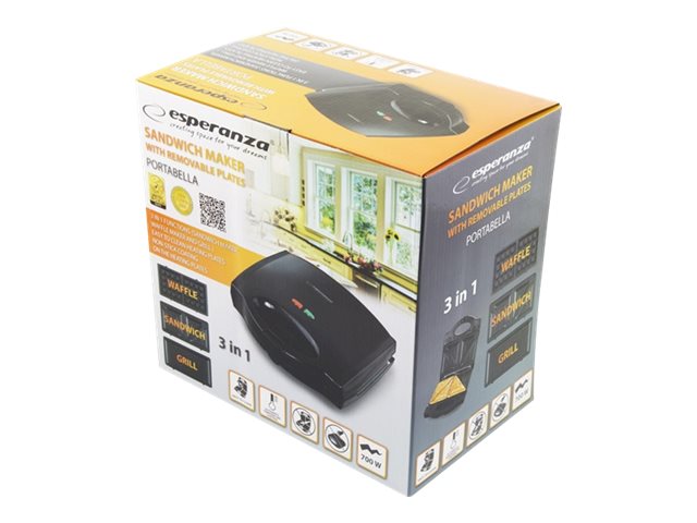 Esperanza Brødrister SANDWICH MAKER WITH INTERCHANGEABLE PLATES PORTABELLA 700W BLACK billede 1