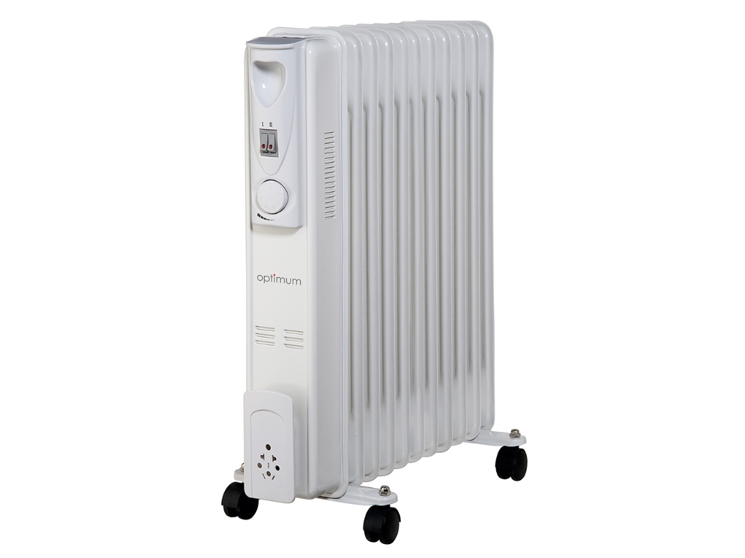 Optimum OS1711 oliefyldt radiatorvarmer 2500W — 11 finner, bærbar, termostat, 3 effekttrin, over-/tipbeskyttelse, hjul og kabelopbevaring