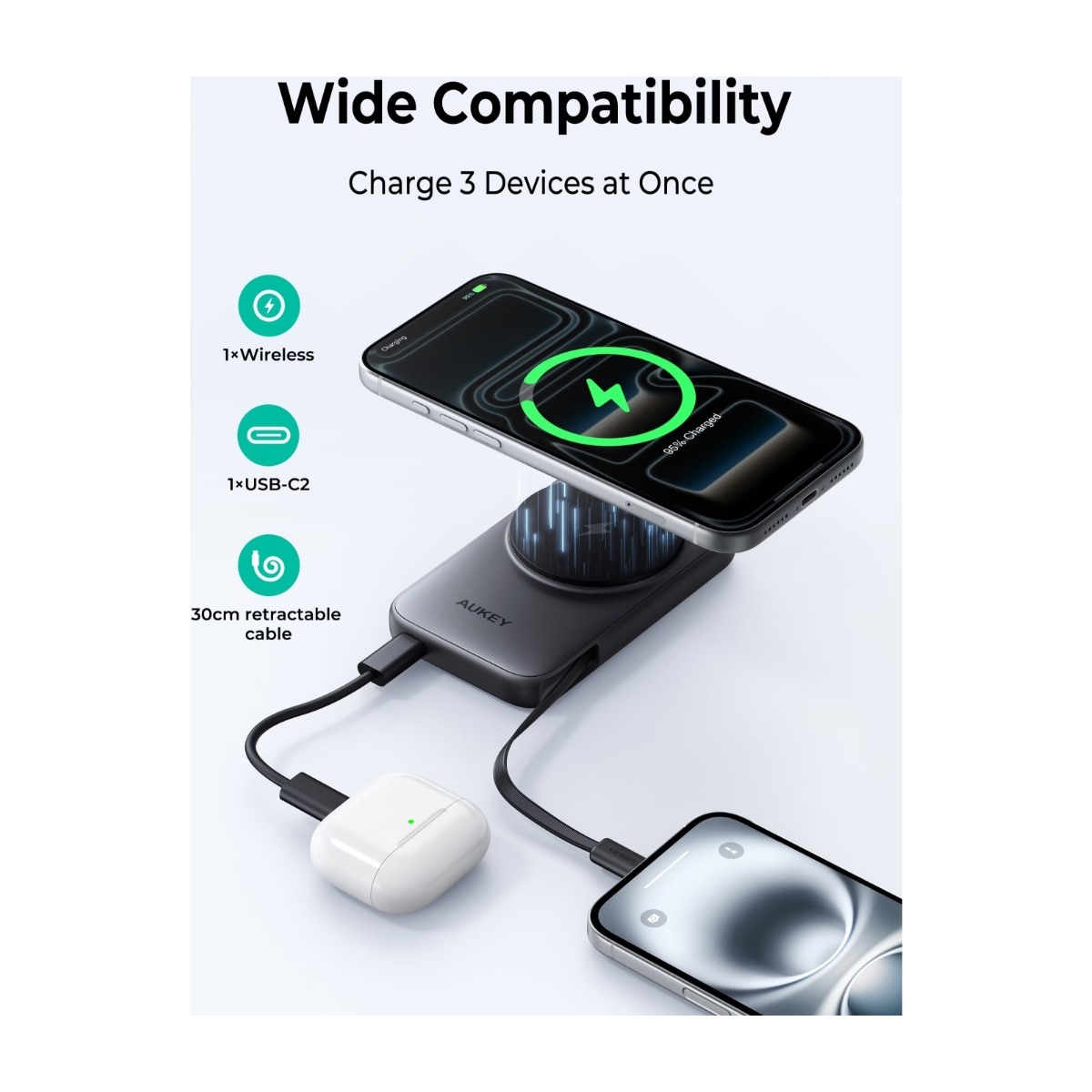 AUKEY MagFusion Reel 5000mAh powerbank, grå billede 3