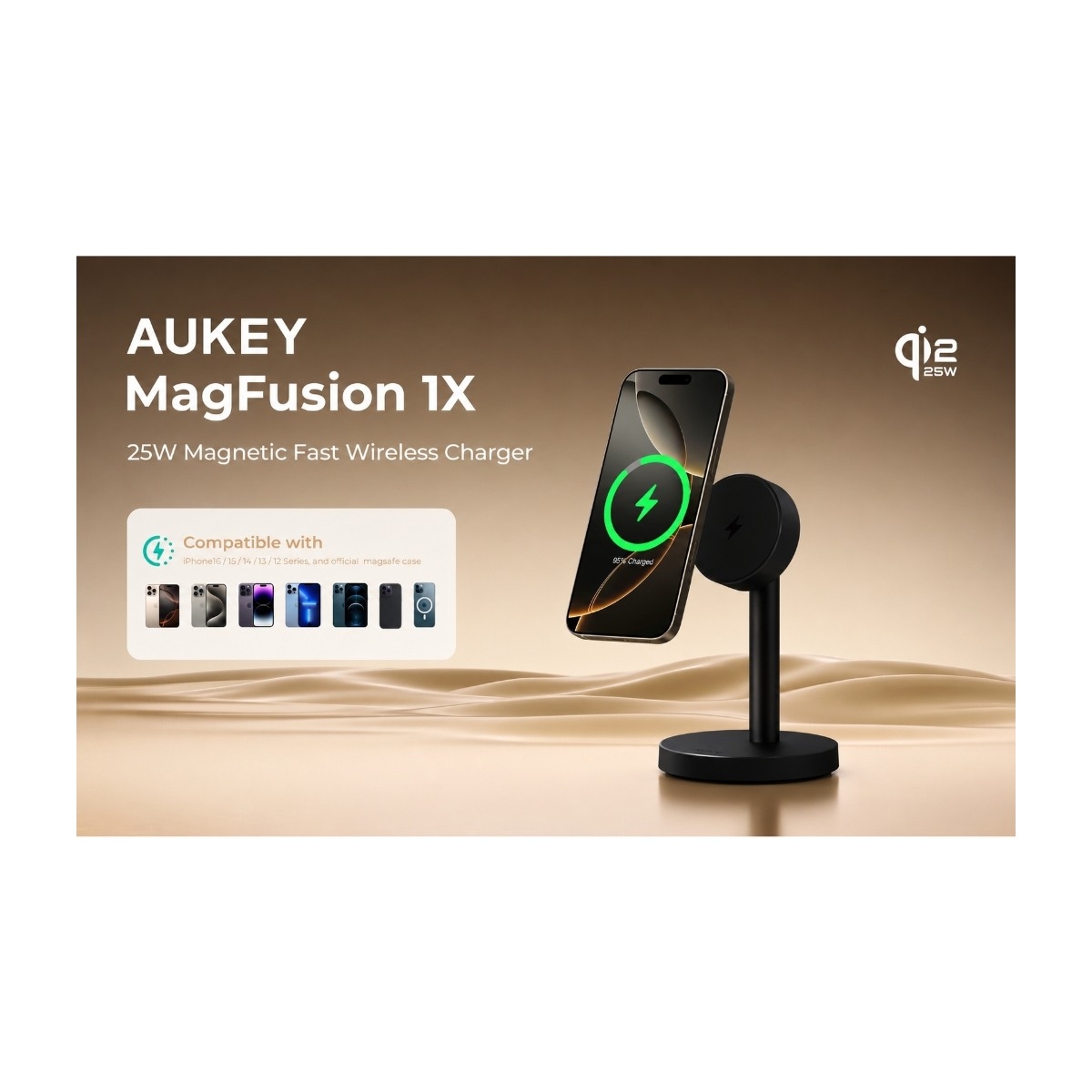 AUKEY LC-MC111 MagFusion 1X magnetisk Qi2.2. 25 W trådløs oplader, grå billede 3