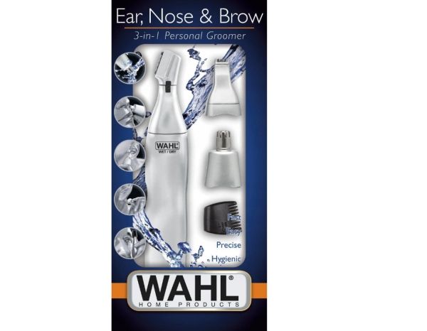 Wahl Triple-Head våd- og tør næse- og øretrimmer — genopladelig AA-drevet med knive i rustfrit stål, sort/sølv (model 05545-2416)