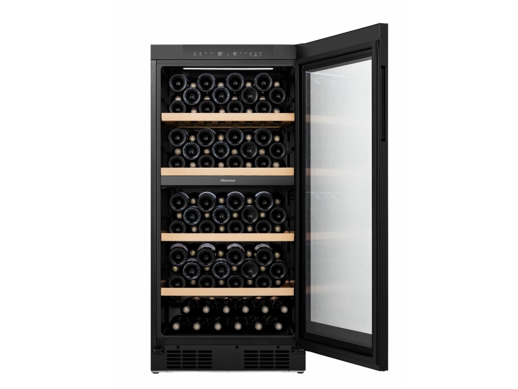 Hisense RW3N230GELF, Vin køleboks, Fritstående, 108 flaske(r), F, Indvendig belysning, Sort