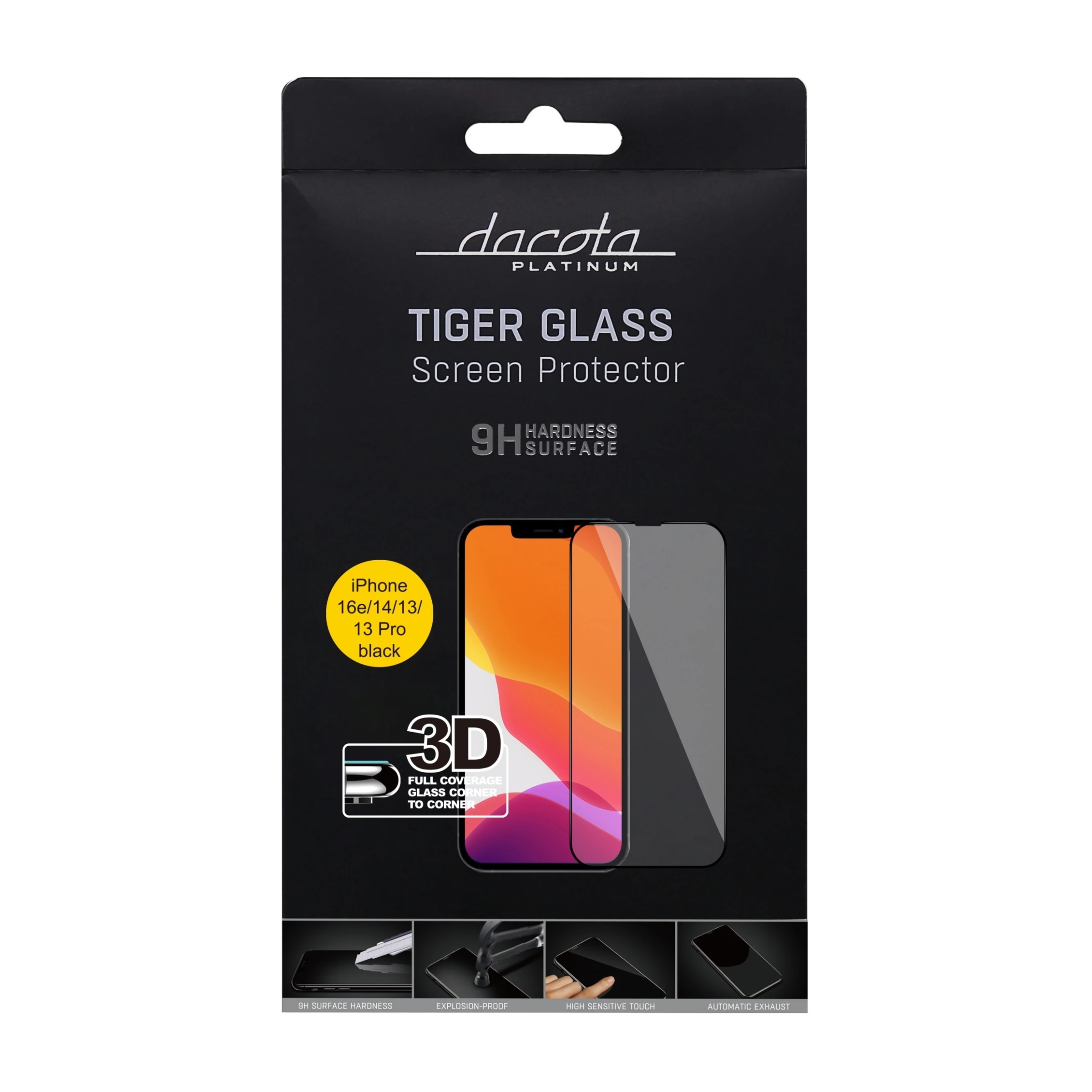 Dacota Platinum iPhone 17e/16e/14/13/13 Pro Tiger Glass 3D skærmbeskytter, sort billede 3