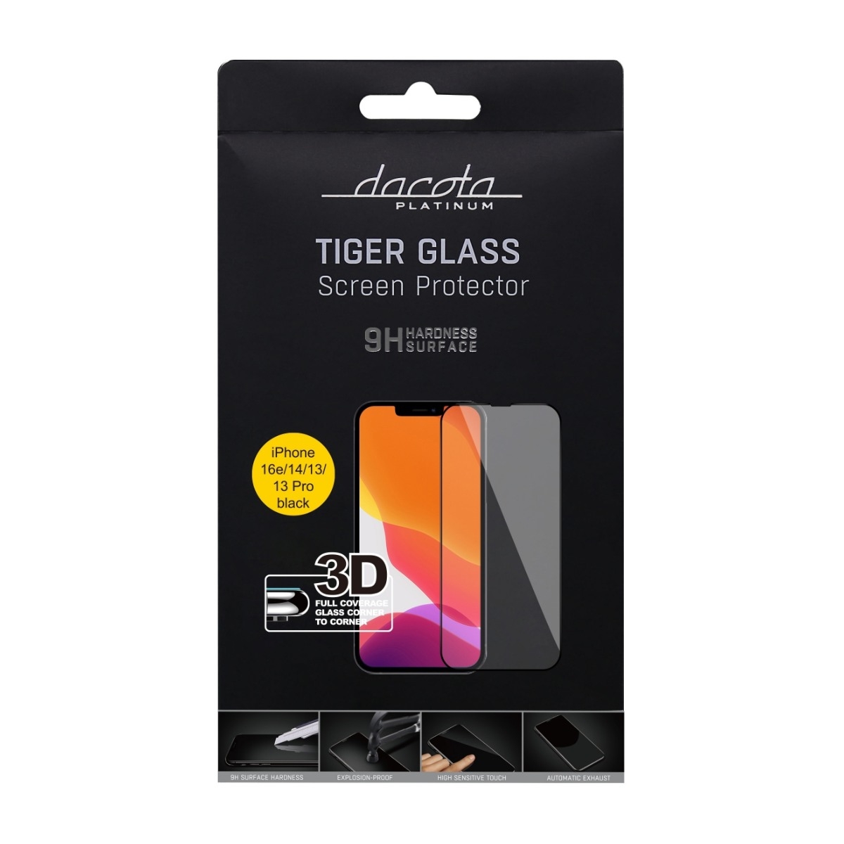Dacota Platinum iPhone 17e/16e/14/13/13 Pro Tiger Glass 3D skærmbeskytter, sort billede 2