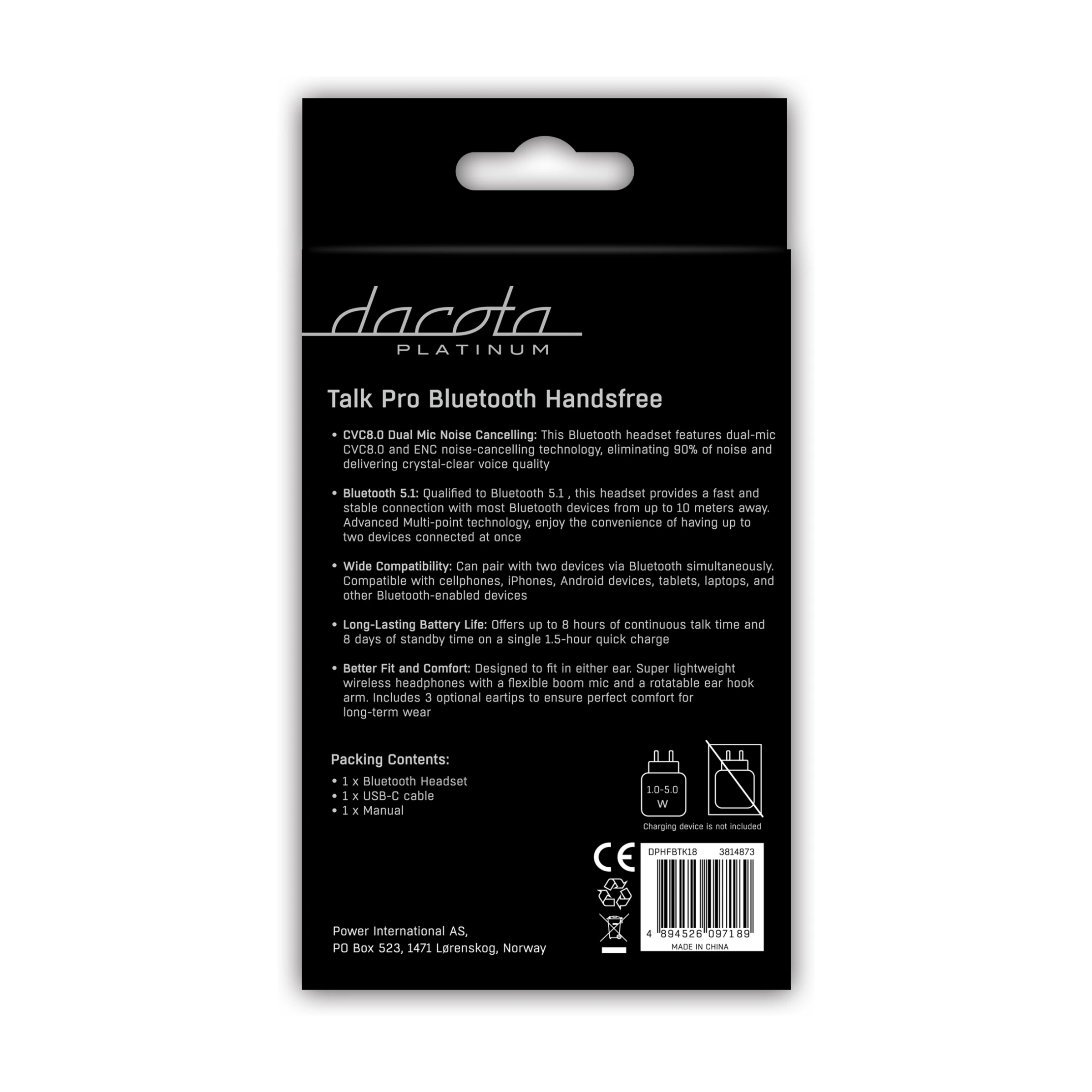 Dacota Platinum Talk Pro handsfree Bluetooth headset, sort billede 2