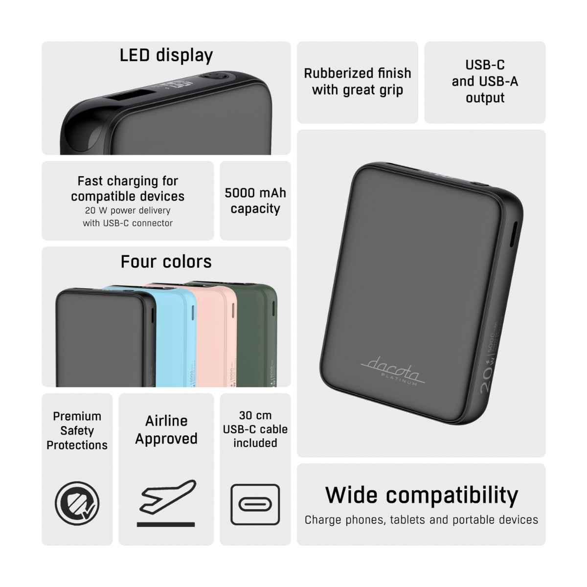 Dacota Platinum AM5 20 W powerbank 5000 mAh, sort billede 3