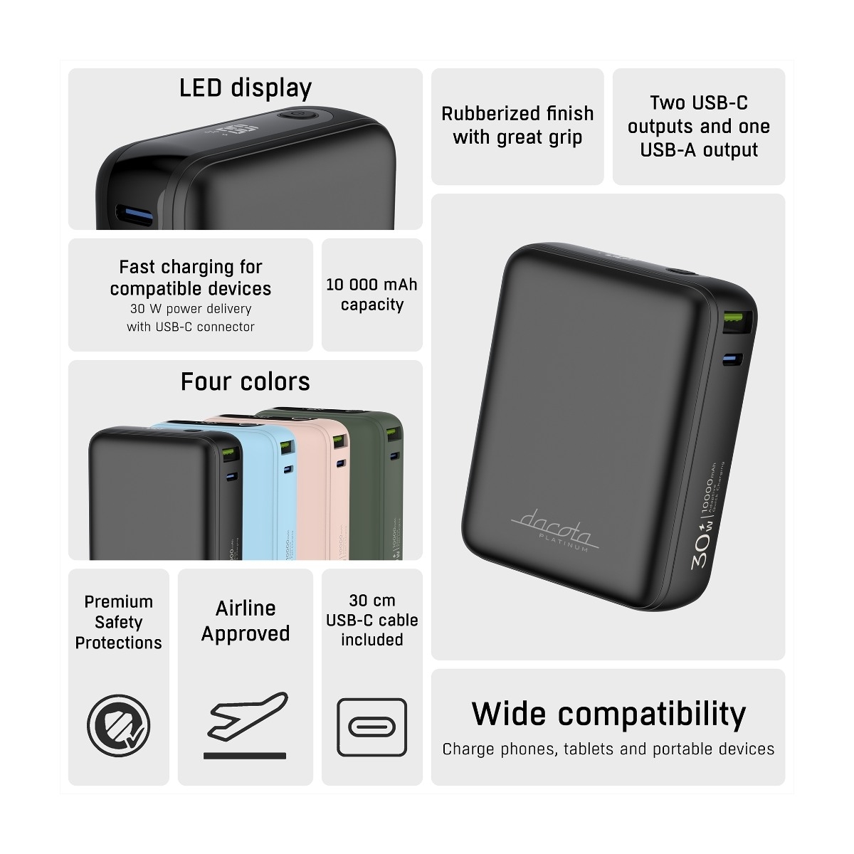Dacota Platinum AM10 30 W powerbank 10.000 mAh, sort billede 4