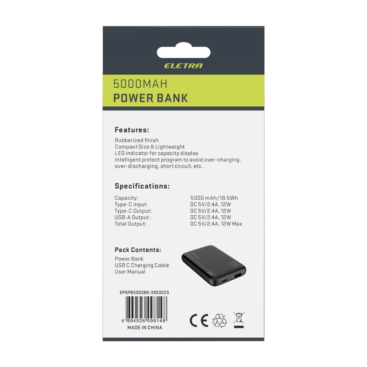 Eletra P5 powerbank 5000 mAh, sort billede 4