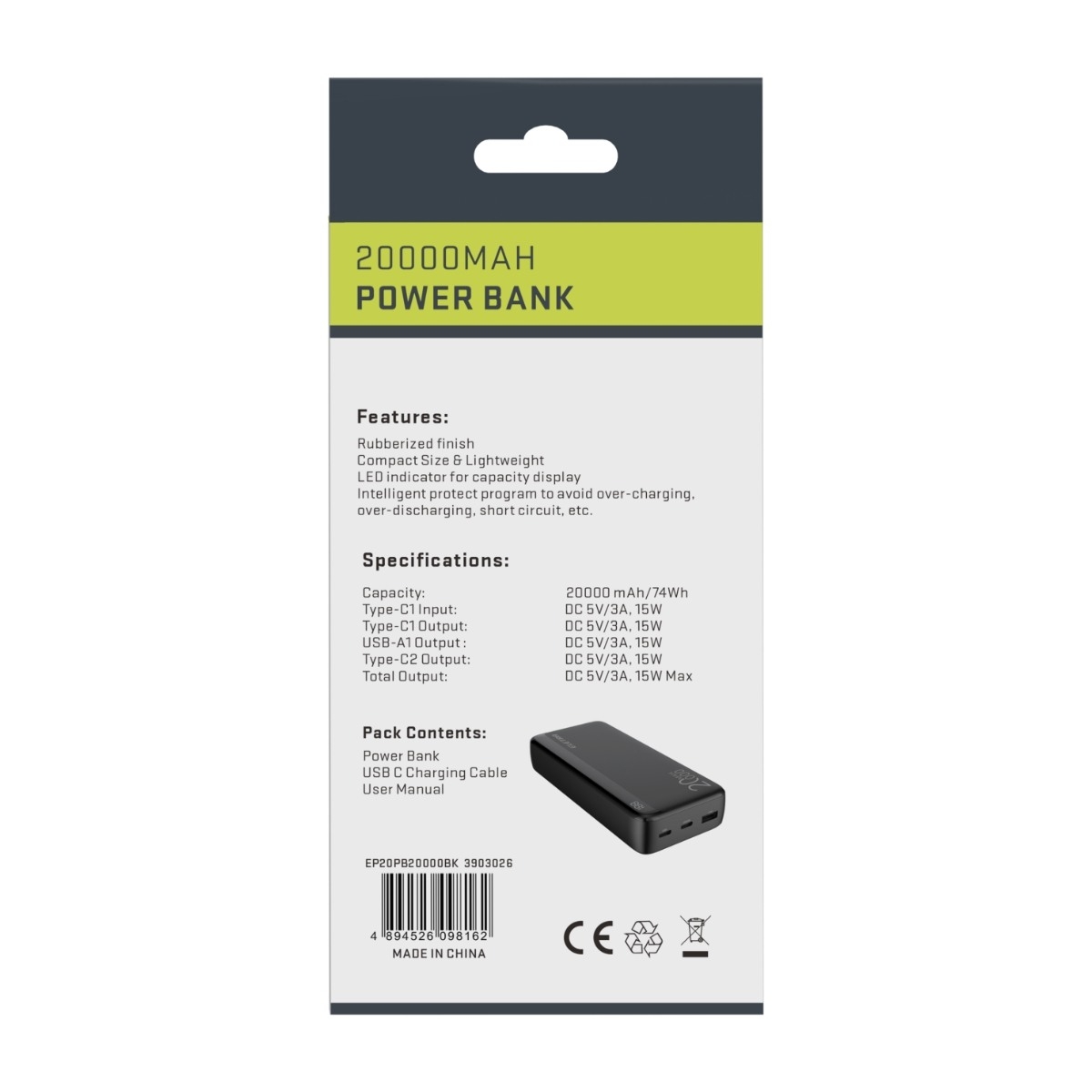Eletra P20 powerbank 20 000 mAh, sort billede 4