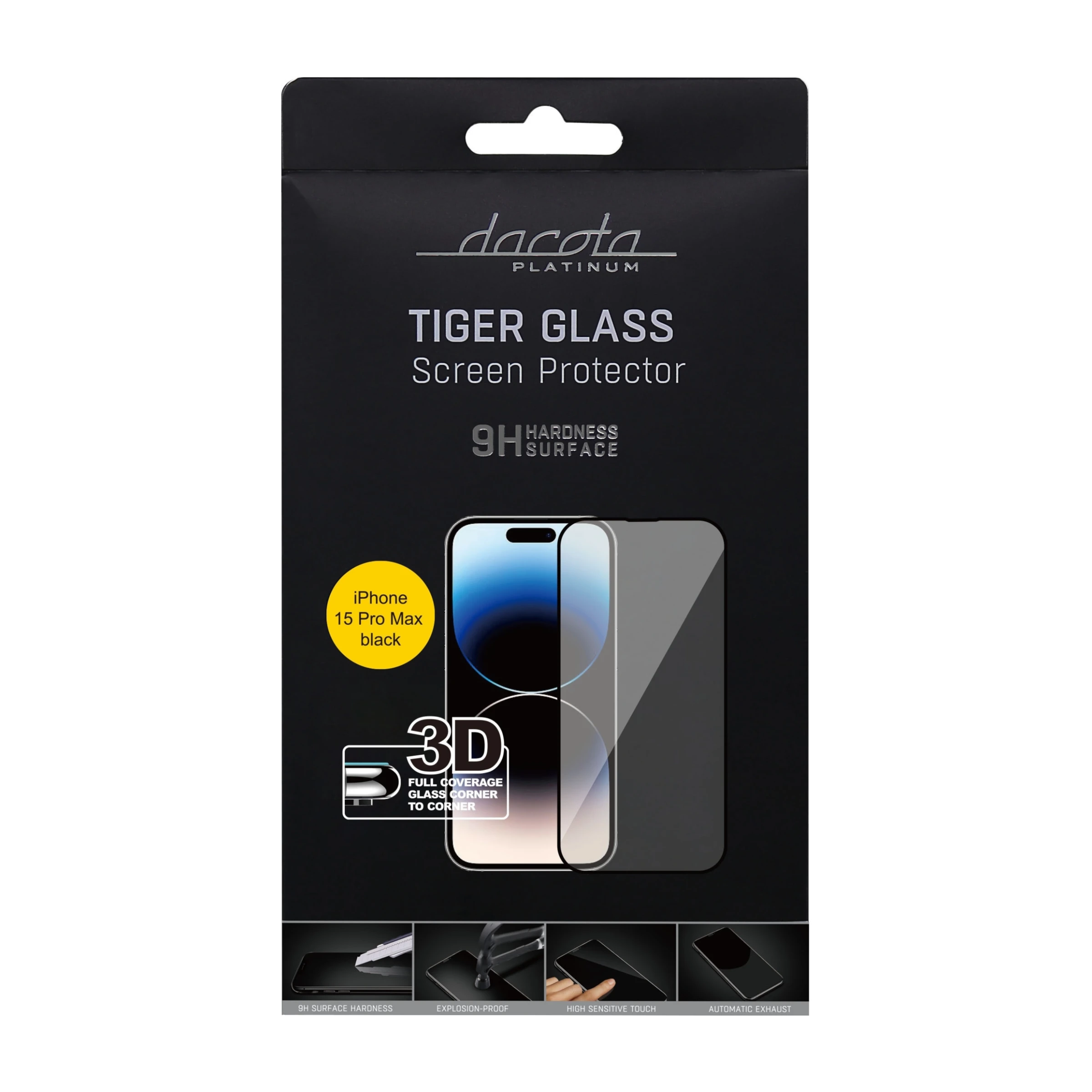 Dacota Platinum iPhone 15 Pro Max Tiger Glass 3D skærmbeskytter, sort billede 3