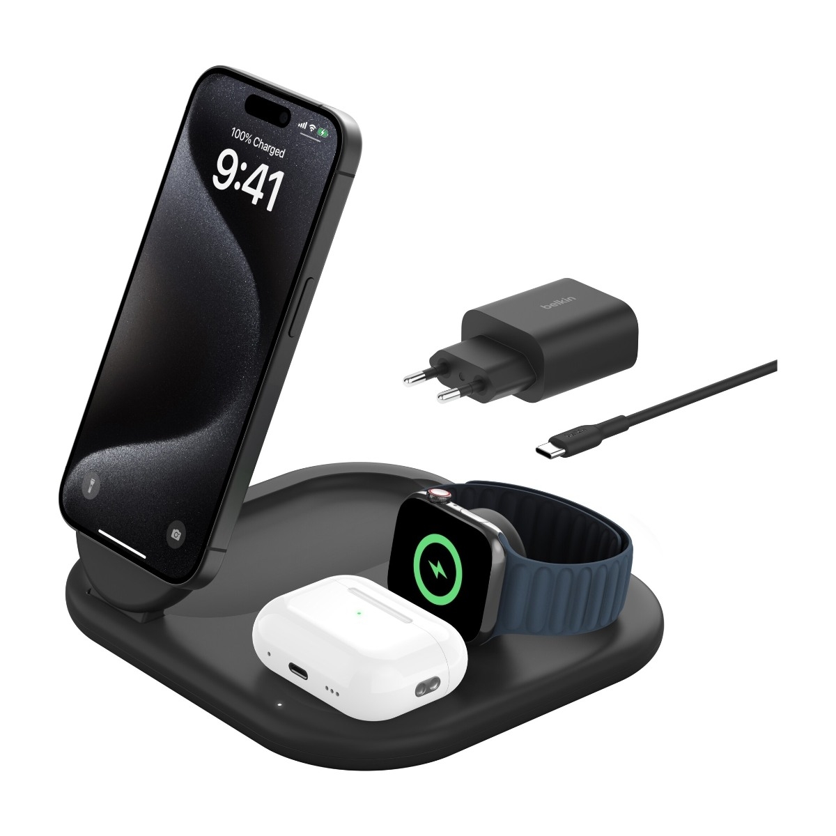 Belkin BoostCharge Qi2 3-i-1 magnetisk sammenfoldelig trådløs oplader 15 W, sort billede 2