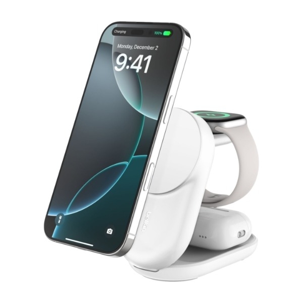 Belkin UltraCharge 3-i-1 sammenfoldelig magnetisk oplader 25 W Qi2, hvid billede 3
