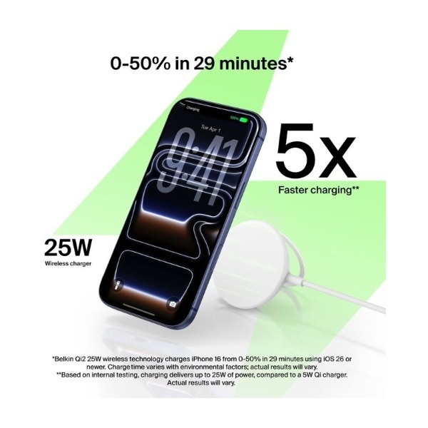Belkin UltraCharge magnetisk trådløs Qi2-oplader 25 W, hvid billede 3