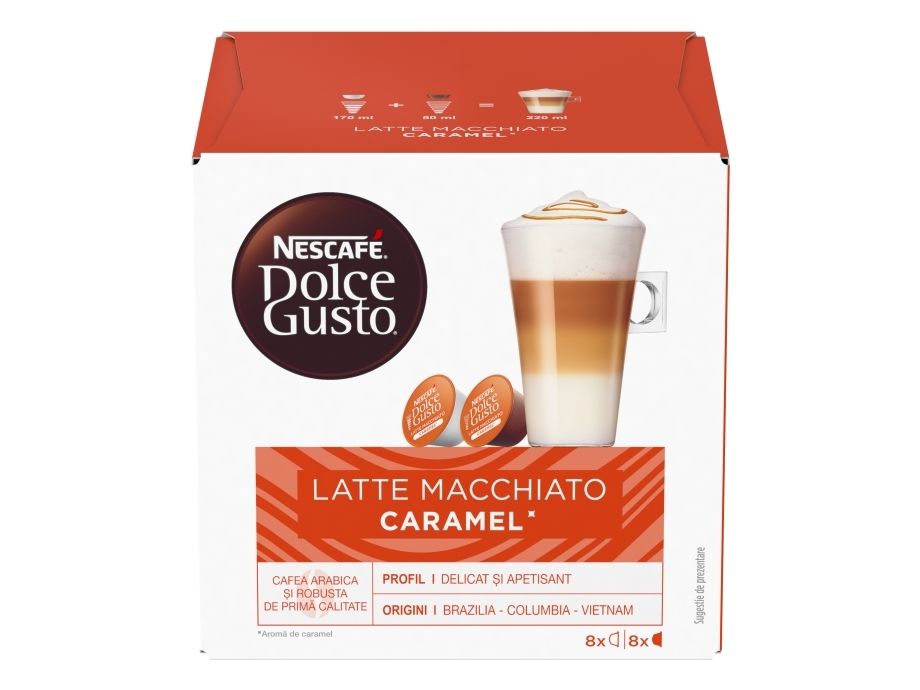 Nescafé Dolce Gusto Caramel Latte Macchiato, Kaffekapsel, Latte macchiato, Dolce Gusto, 8 kopper, 12 måned(er), Flerfarvet