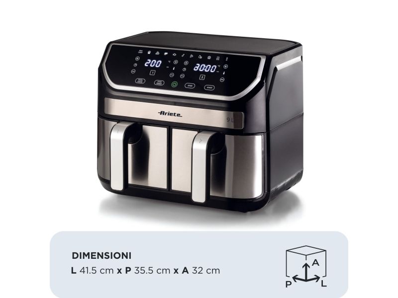 Ariete 4625/00, Varmluftsteger, 9 L, 3,6 kg, 35 °C, 200 °C, Dobbelt