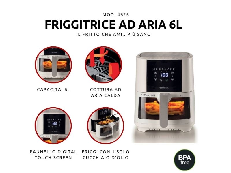 Ariete 4626/03, Varmluftsteger, 6 L, 2,5 kg, 200 °C, Enkelt, Sort