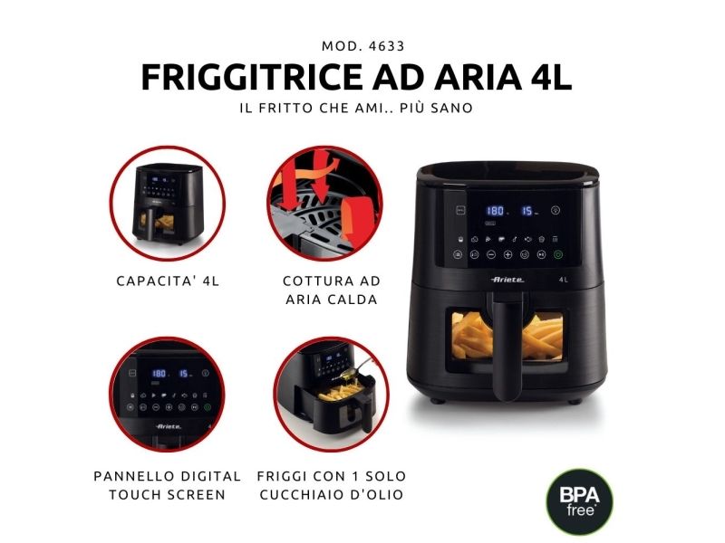 Ariete 4633/00, Varmluftsteger, 4 L, 1,5 kg, 200 °C, Enkelt, Sort
