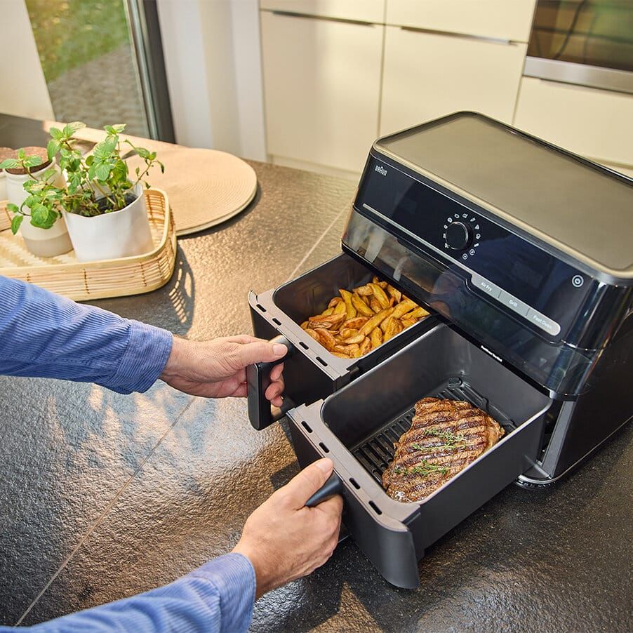 Braun TwinCook 5, Varmluftsteger, 10 L, 2,6 kg, Dobbelt, Sort, Berøring, Dreje billede 3