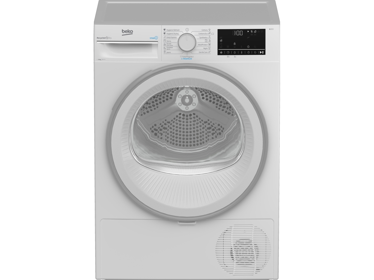 Beko B3T42242, Fritstående, Front-læsning, Varmepumpe, Hvid, Dreje, Højre