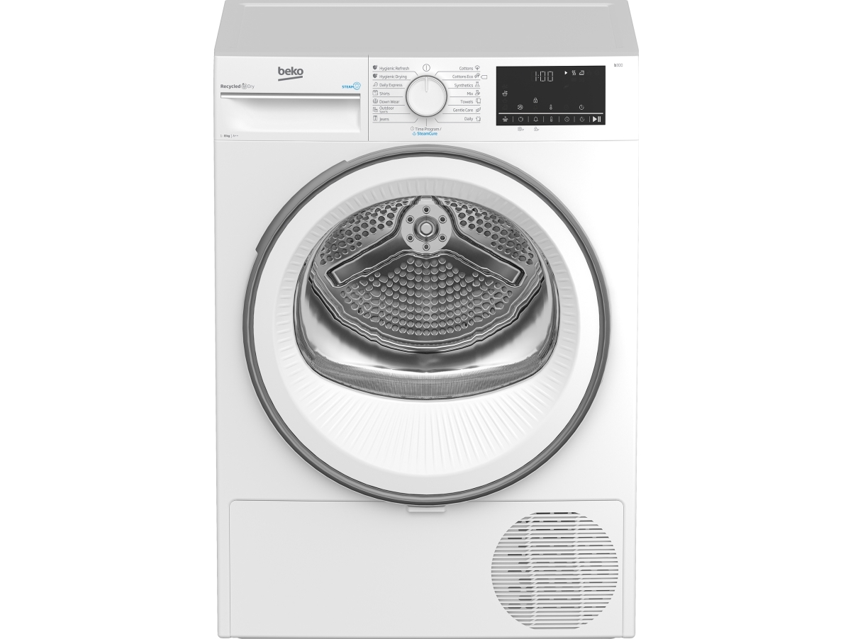Beko B3T68230, Fritstående, Front-læsning, Varmepumpe, Hvid, Dreje, Rustfrit stål