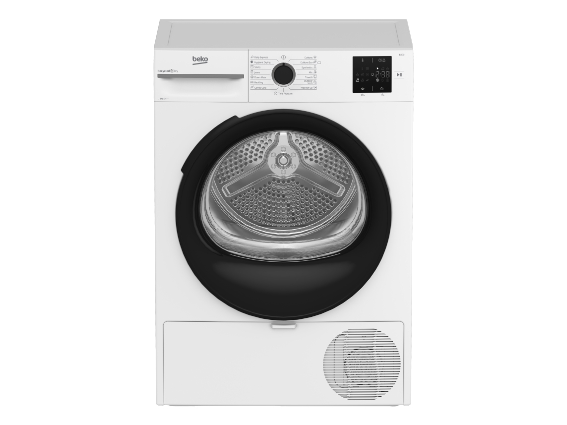 Beko BM3T38230W, Fritstående, Front-læsning, Varmepumpe, Hvid, Dreje, Berøring, Højre