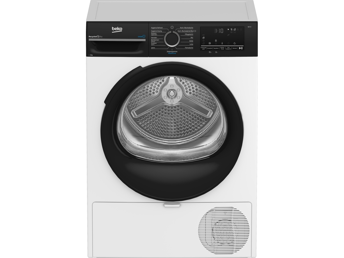 Beko BM3T49249W, Fritstående, Front-læsning, Varmepumpe, Sort, Hvid, Knapper, Dreje, Sort, Transparent