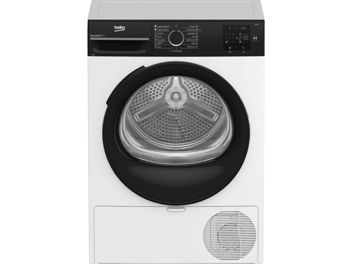 Beko BM3T37249WBB, Fritstående, Front-læsning, Varmepumpe, Hvid, Dreje, Berøring, Højre