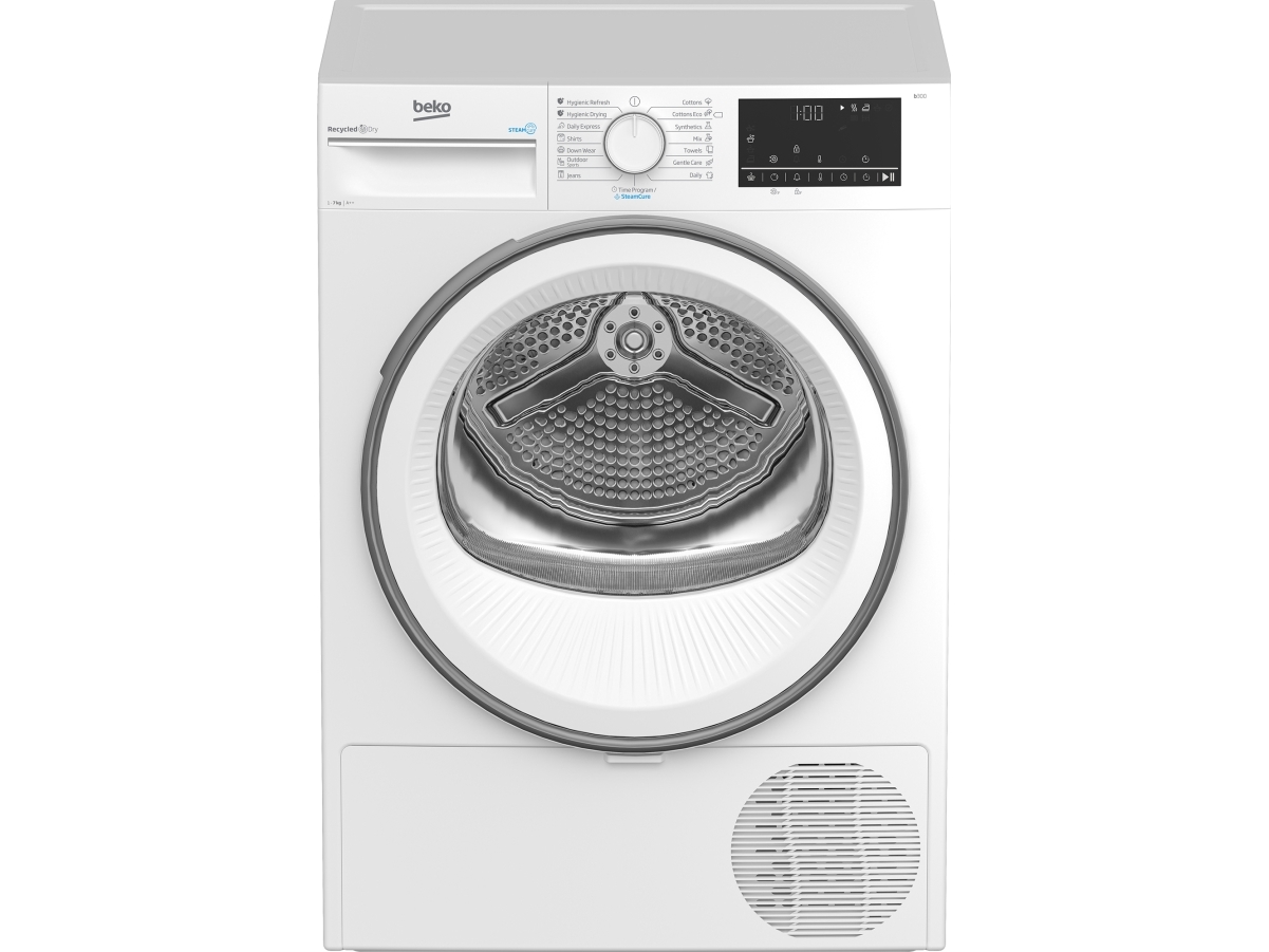 Beko B3T67230, Fritstående, Front-læsning, Varmepumpe, Hvid, Dreje, Rustfrit stål
