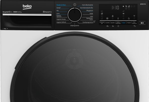 Beko B7T692A3WW, Fritstående, Front-læsning, Varmepumpe, Hvid, Knapper, Dreje, Venstre
