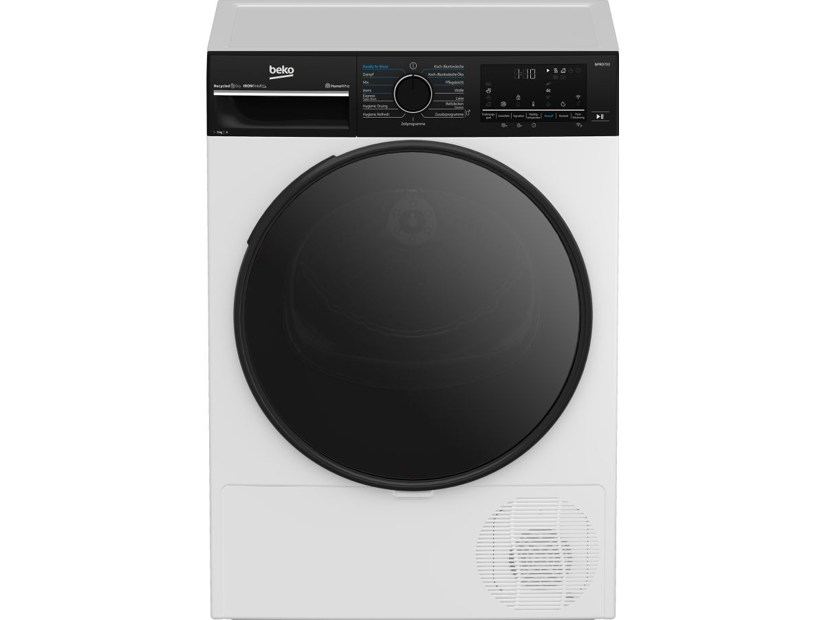 Beko B7T692A3WW, Fritstående, Front-læsning, Varmepumpe, Hvid, Knapper, Dreje, Venstre