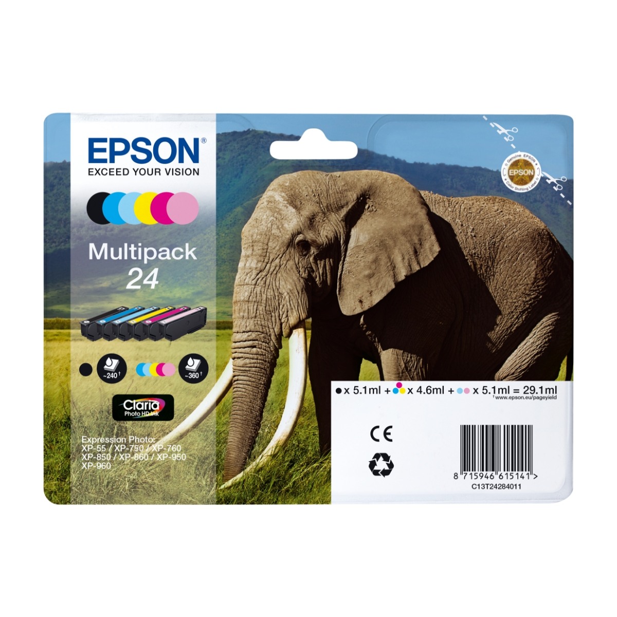 Epson Elephant C13T24284011 blækpatron 1 stk Original sort, blå, lys cyan, lys magenta, magenta, gul billede 1