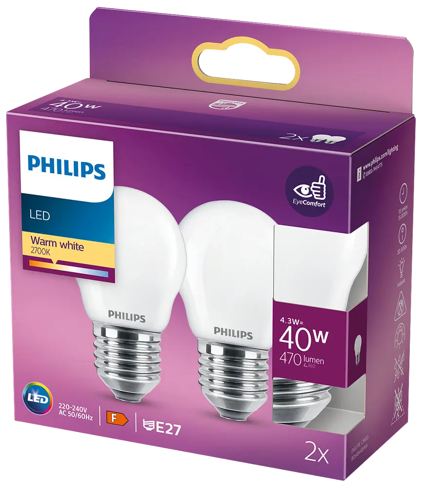Philips Classic P45 LED-pære 4W E27 (2 pk) (varm hvid) billede 2