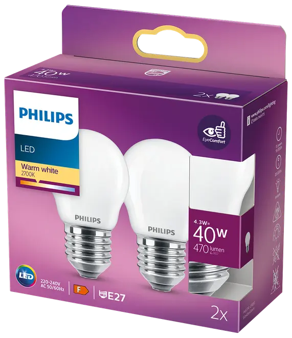 Philips Classic P45 LED-pære 4W E27 (2 pk) (varm hvid) billede 1